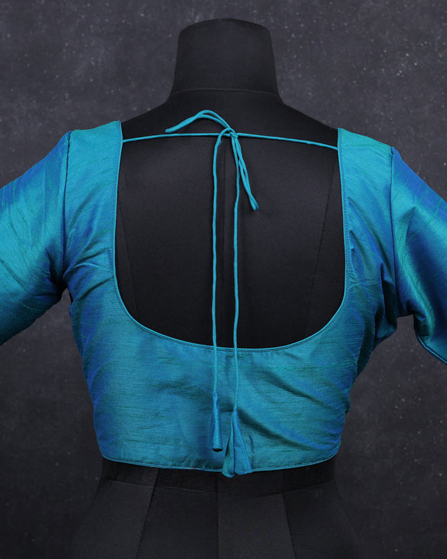 Teal blue semi raw silk readymade blouse