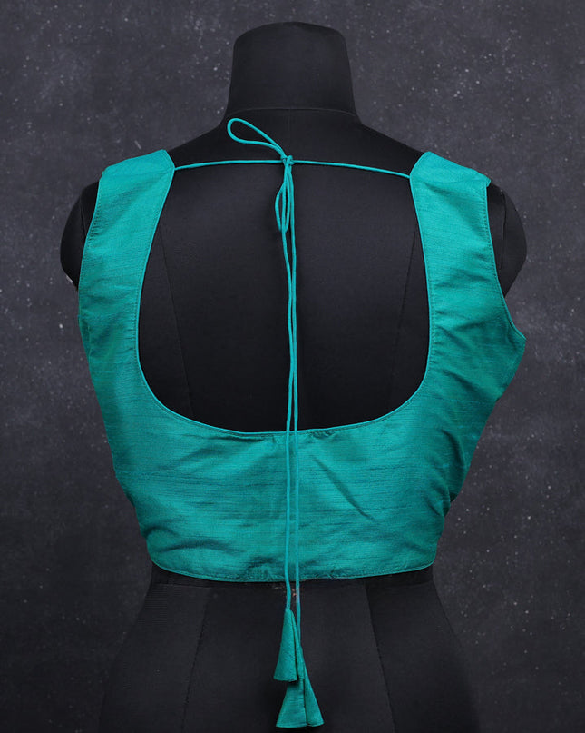 Teal green semi raw silk readymade blouse