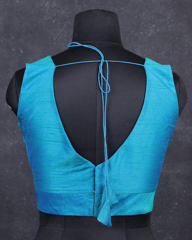 Teal green semi raw silk readymade blouse