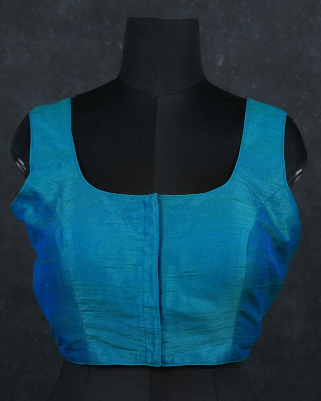 Teal green semi raw silk readymade blouse