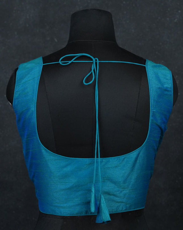 Teal green semi raw silk readymade blouse