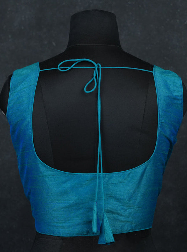 Teal green semi raw silk readymade blouse
