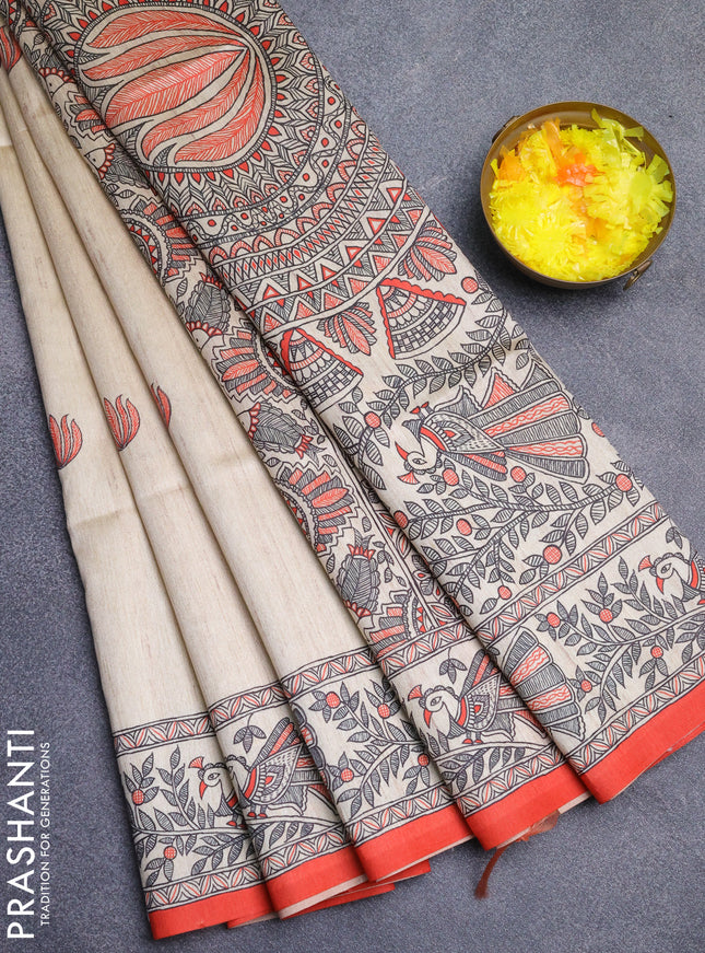 Semi tussar saree cream and orange with butta prints and madhubani printed pallu