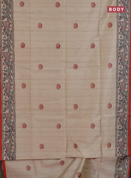 Semi tussar saree cream and orange with butta prints and madhubani printed pallu