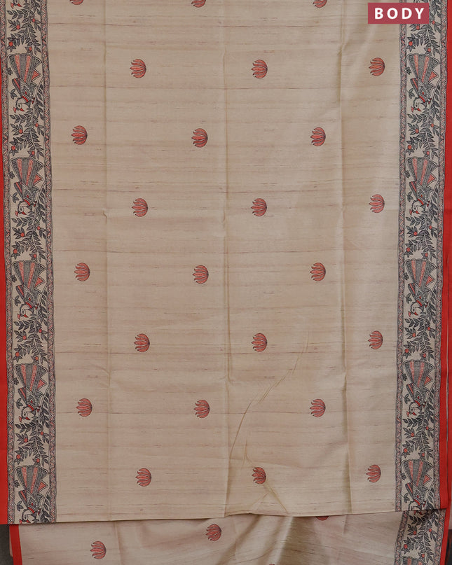 Semi tussar saree cream and orange with butta prints and madhubani printed pallu