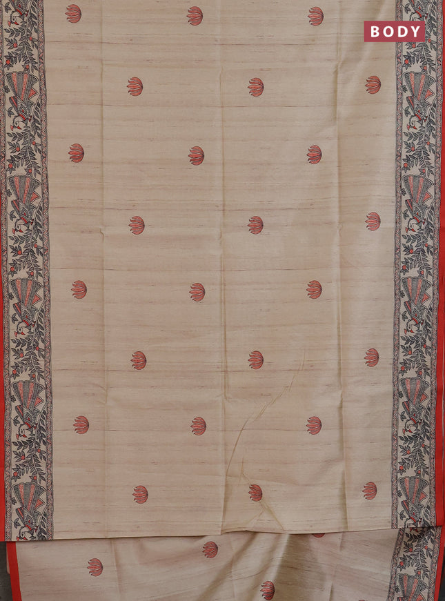 Semi tussar saree cream and orange with butta prints and madhubani printed pallu