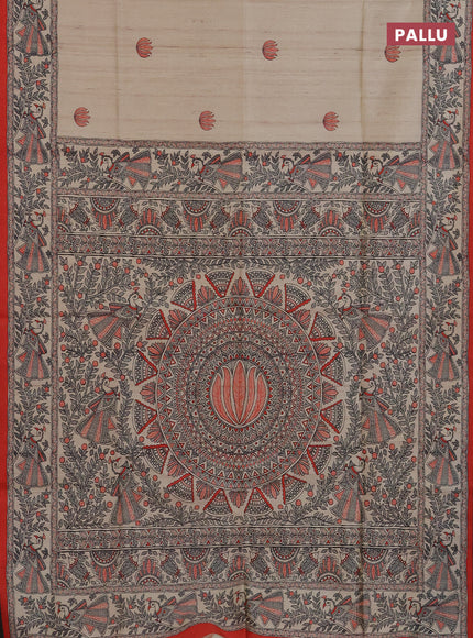 Semi tussar saree cream and orange with butta prints and madhubani printed pallu
