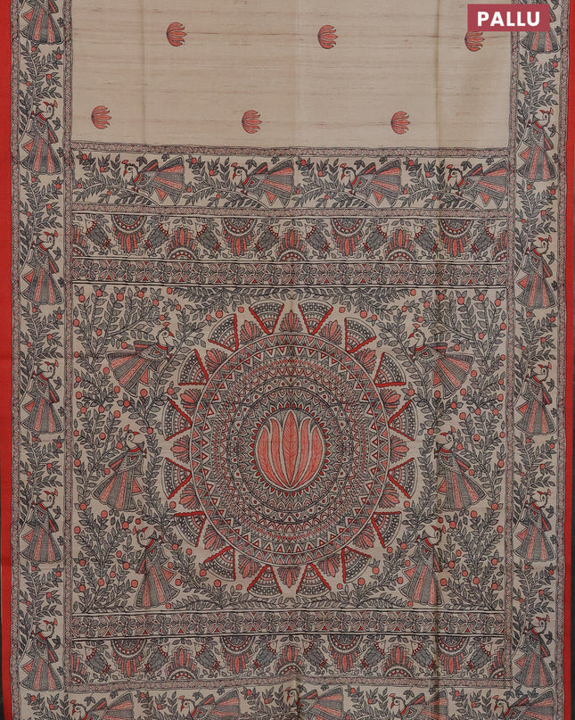 Semi tussar saree cream and orange with butta prints and madhubani printed pallu