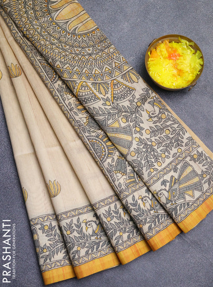 Semi tussar saree cream and mustard yellow with butta prints and madhubani printed pallu