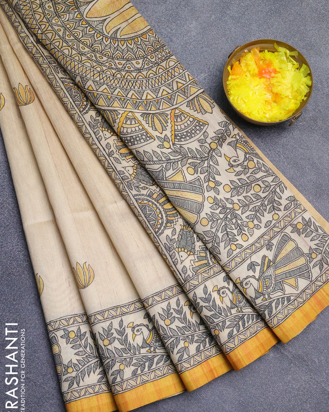 Semi tussar saree cream and mustard yellow with butta prints and madhubani printed pallu