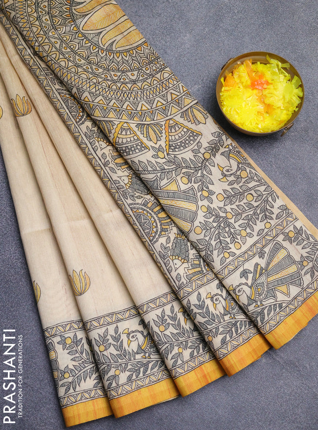 Semi tussar saree cream and mustard yellow with butta prints and madhubani printed pallu