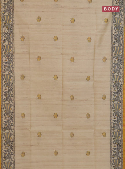 Semi tussar saree cream and mustard yellow with butta prints and madhubani printed pallu