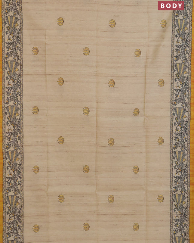 Semi tussar saree cream and mustard yellow with butta prints and madhubani printed pallu