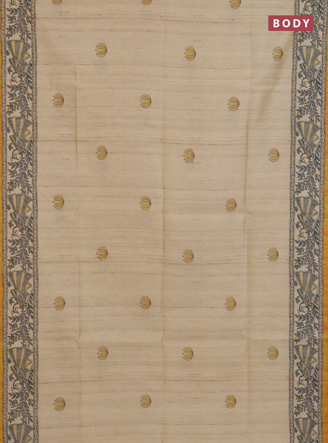Semi tussar saree cream and mustard yellow with butta prints and madhubani printed pallu