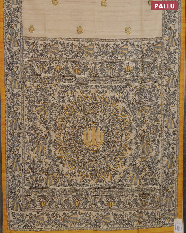 Semi tussar saree cream and mustard yellow with butta prints and madhubani printed pallu