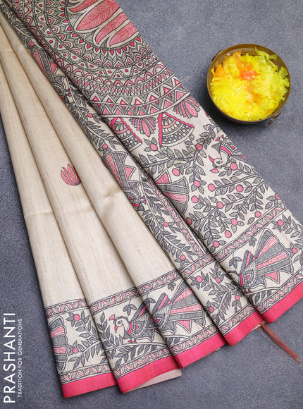 Semi tussar saree cream and pink with butta prints and madhubani printed pallu