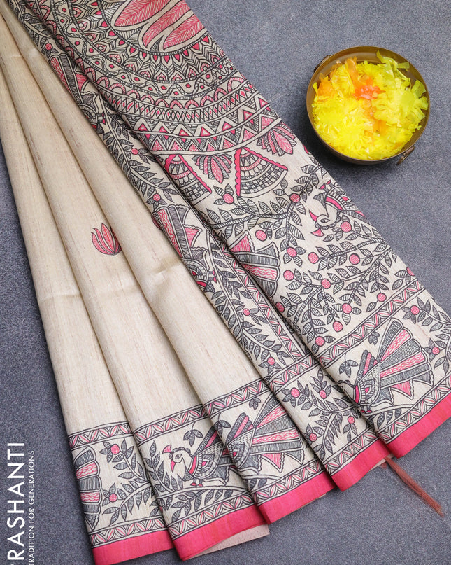 Semi tussar saree cream and pink with butta prints and madhubani printed pallu