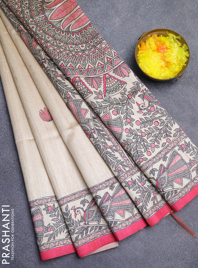 Semi tussar saree cream and pink with butta prints and madhubani printed pallu