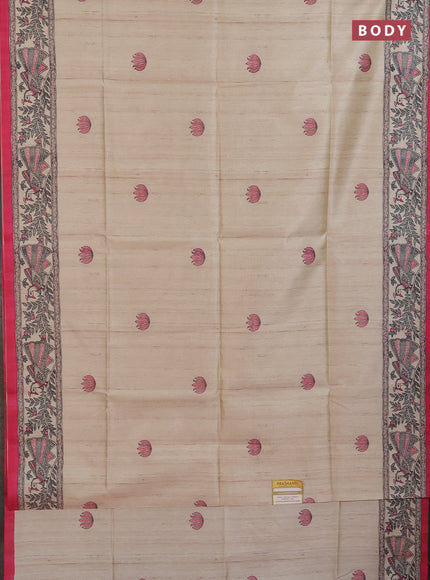 Semi tussar saree cream and pink with butta prints and madhubani printed pallu