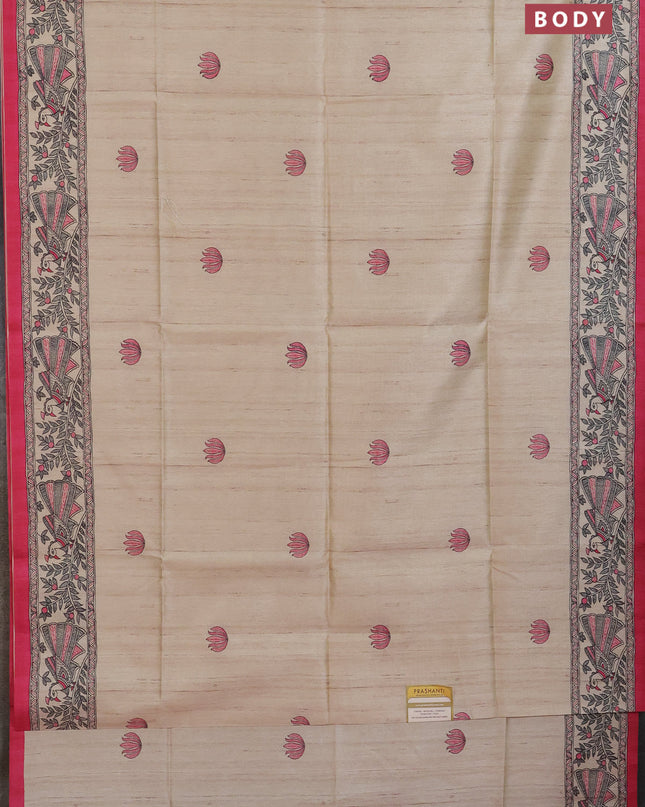 Semi tussar saree cream and pink with butta prints and madhubani printed pallu