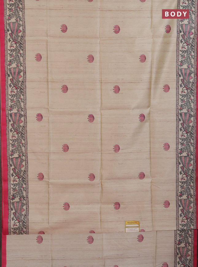Semi tussar saree cream and pink with butta prints and madhubani printed pallu