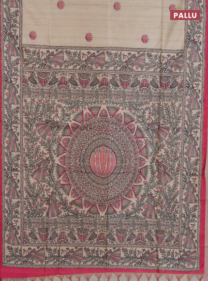 Semi tussar saree cream and pink with butta prints and madhubani printed pallu