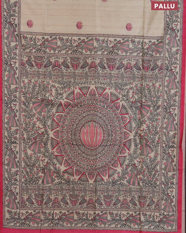 Semi tussar saree cream and pink with butta prints and madhubani printed pallu