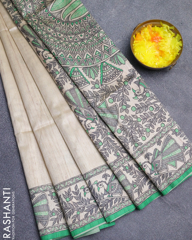 Semi tussar saree cream and light green with butta prints and madhubani printed pallu