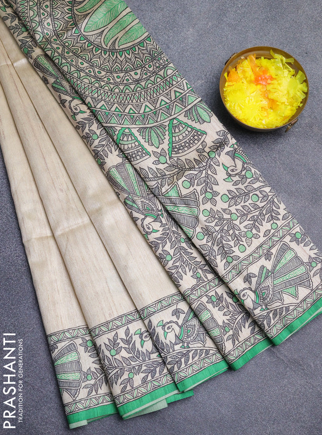 Semi tussar saree cream and light green with butta prints and madhubani printed pallu