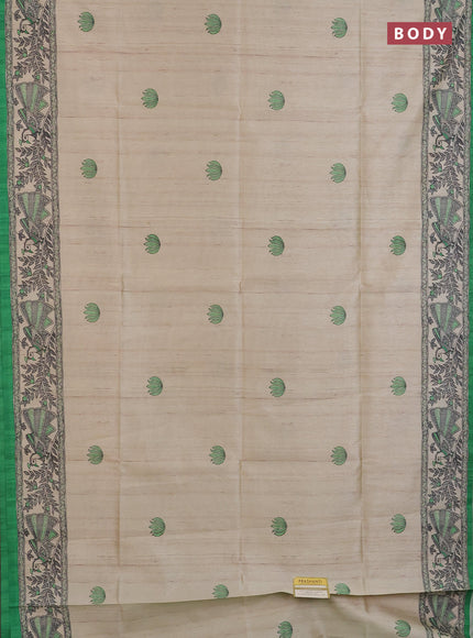 Semi tussar saree cream and light green with butta prints and madhubani printed pallu
