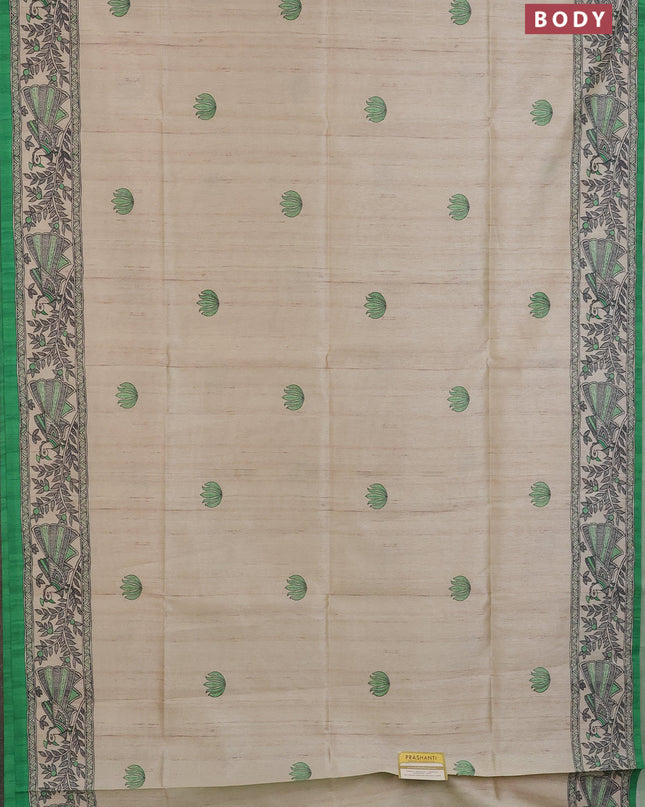 Semi tussar saree cream and light green with butta prints and madhubani printed pallu