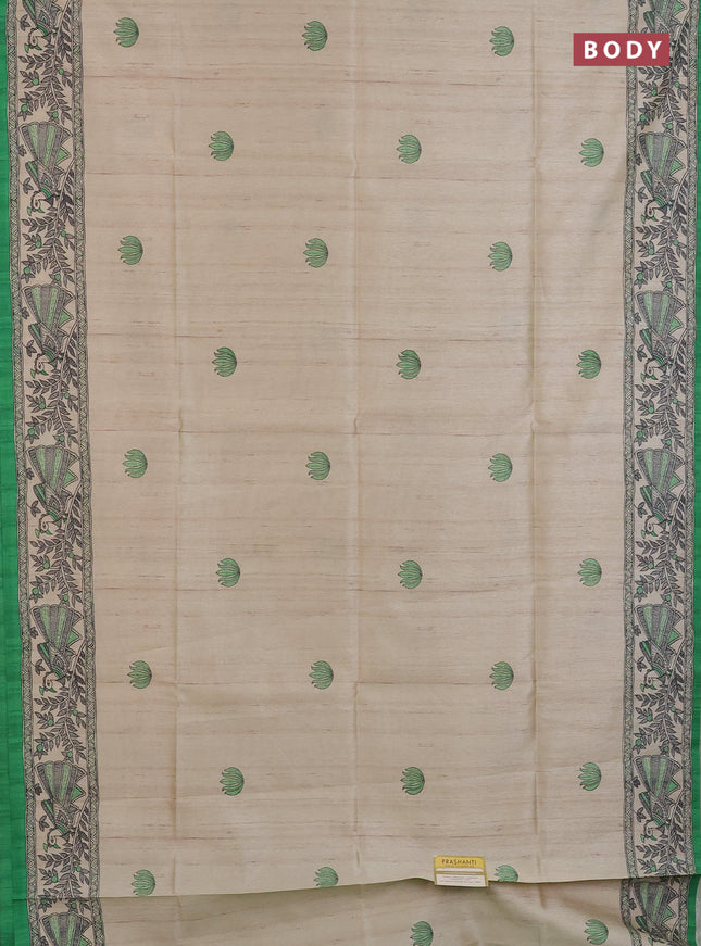 Semi tussar saree cream and light green with butta prints and madhubani printed pallu
