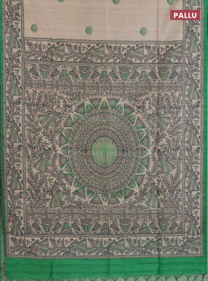 Semi tussar saree cream and light green with butta prints and madhubani printed pallu