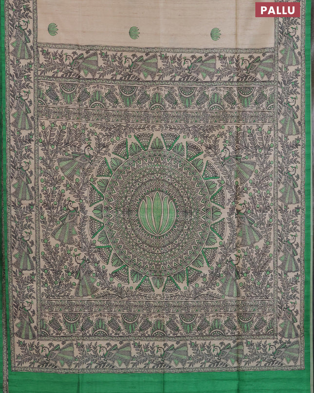 Semi tussar saree cream and light green with butta prints and madhubani printed pallu