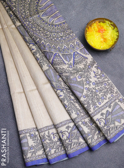 Semi tussar saree cream and violet with butta prints and madhubani printed pallu