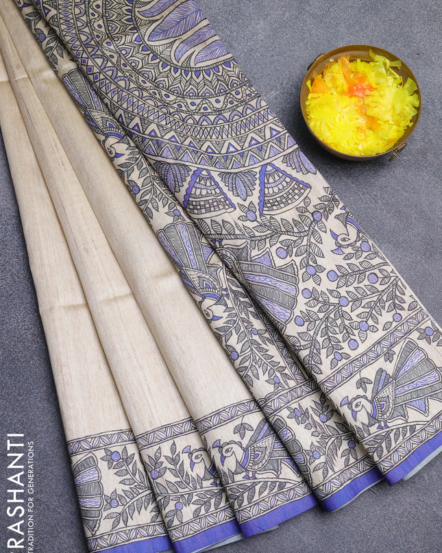 Semi tussar saree cream and violet with butta prints and madhubani printed pallu