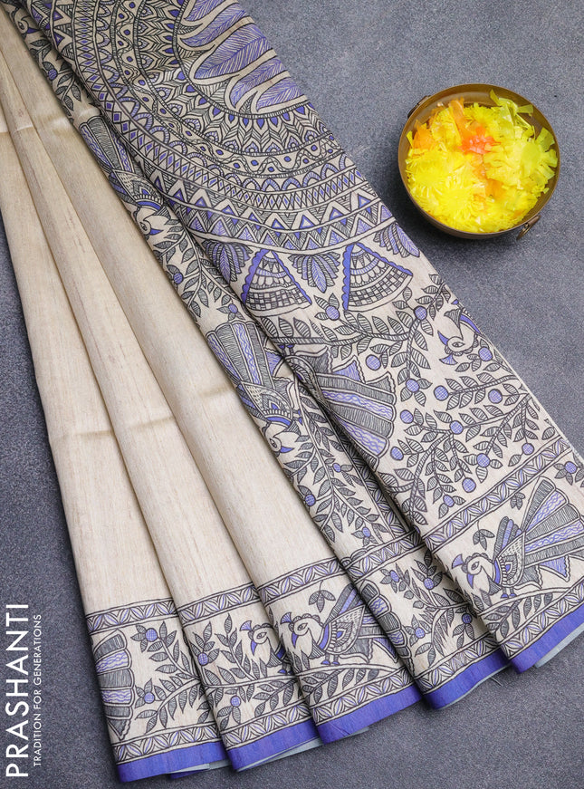 Semi tussar saree cream and violet with butta prints and madhubani printed pallu