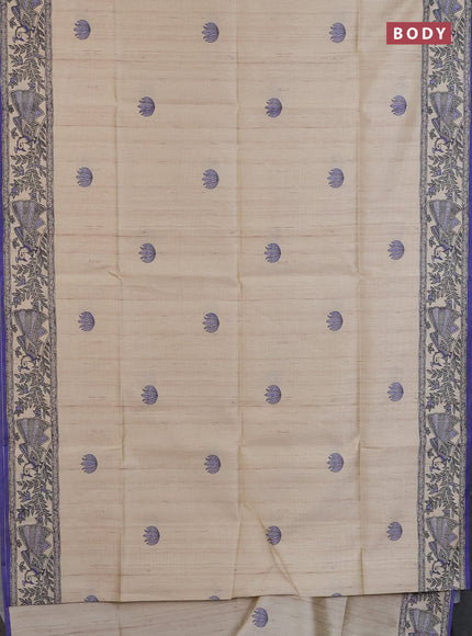 Semi tussar saree cream and violet with butta prints and madhubani printed pallu