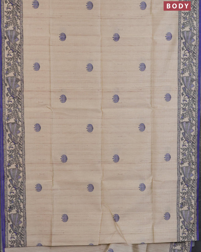Semi tussar saree cream and violet with butta prints and madhubani printed pallu