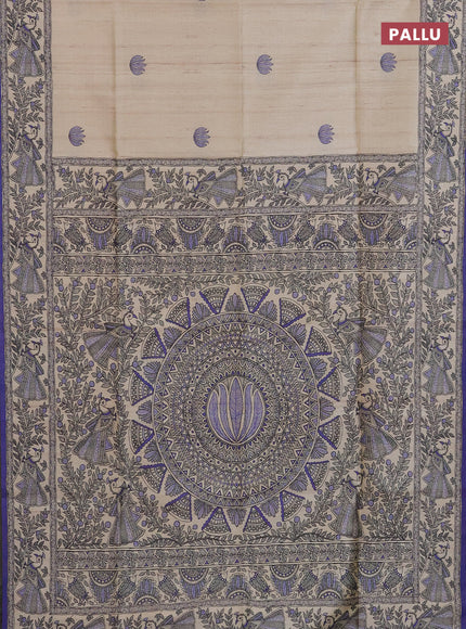 Semi tussar saree cream and violet with butta prints and madhubani printed pallu