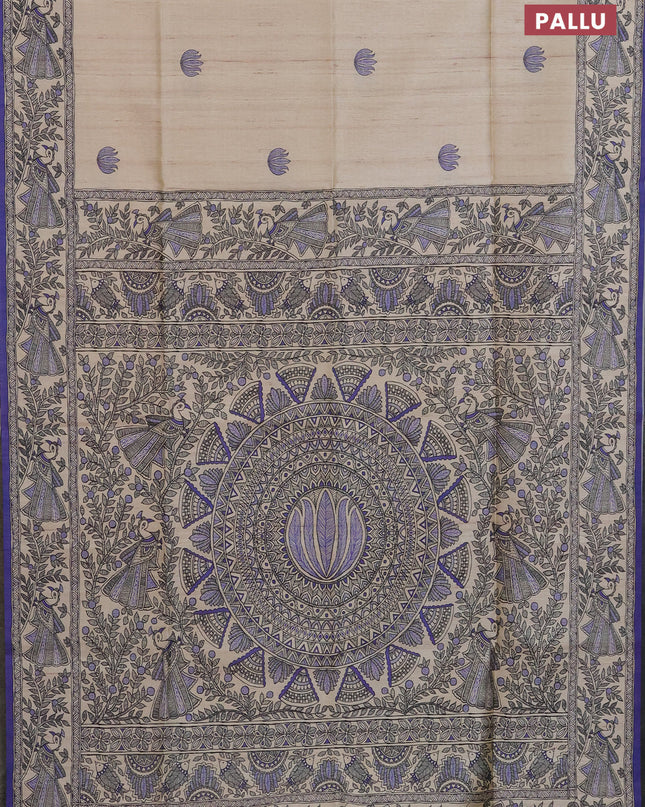 Semi tussar saree cream and violet with butta prints and madhubani printed pallu
