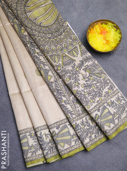 Semi tussar saree cream and lime green with butta prints and madhubani printed pallu