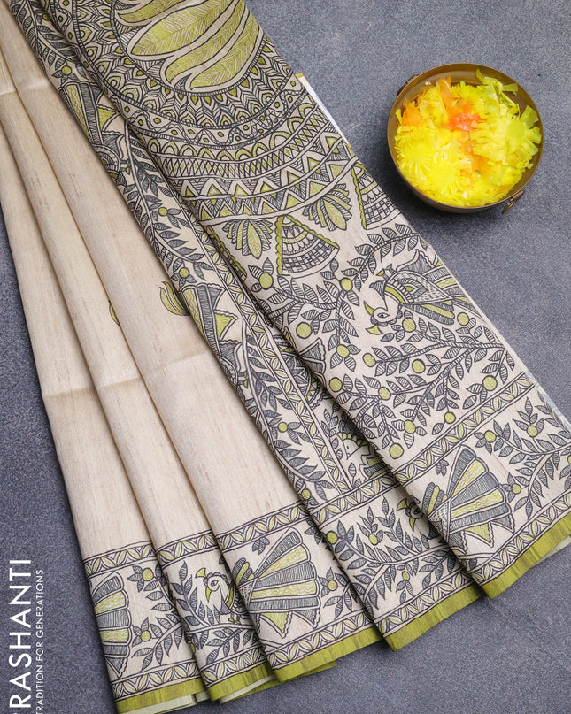 Semi tussar saree cream and lime green with butta prints and madhubani printed pallu
