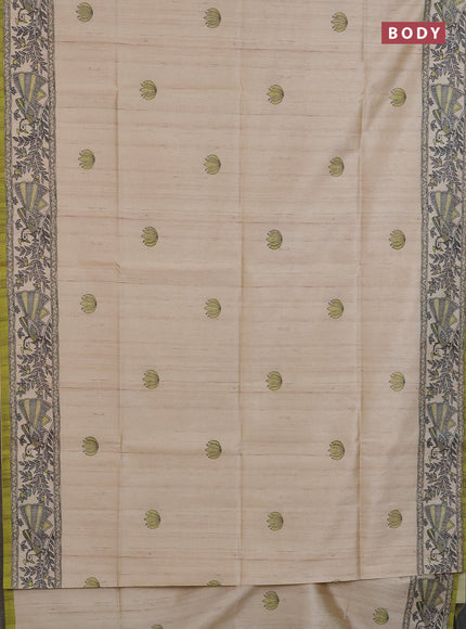 Semi tussar saree cream and lime green with butta prints and madhubani printed pallu