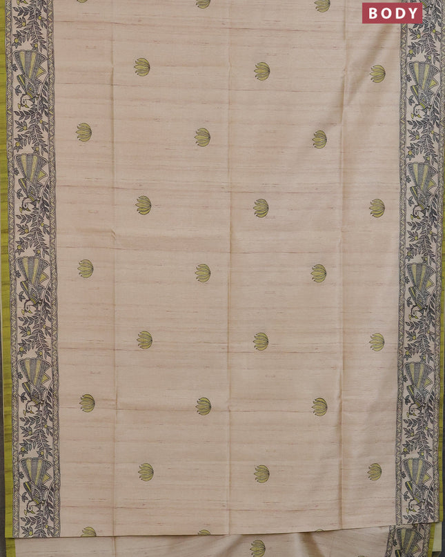 Semi tussar saree cream and lime green with butta prints and madhubani printed pallu