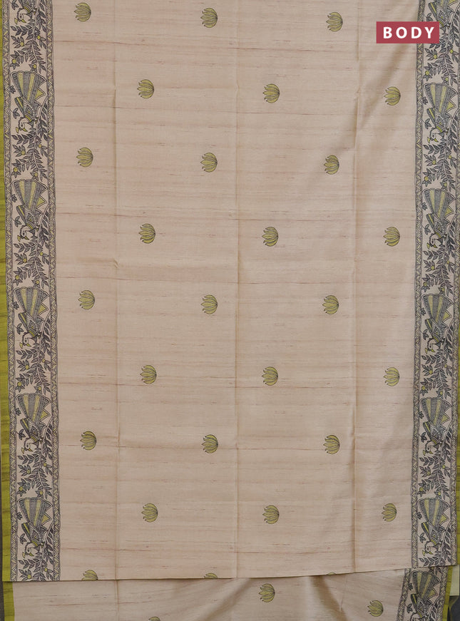 Semi tussar saree cream and lime green with butta prints and madhubani printed pallu