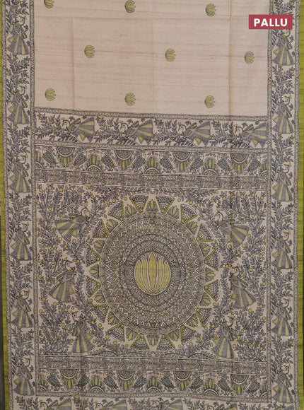 Semi tussar saree cream and lime green with butta prints and madhubani printed pallu