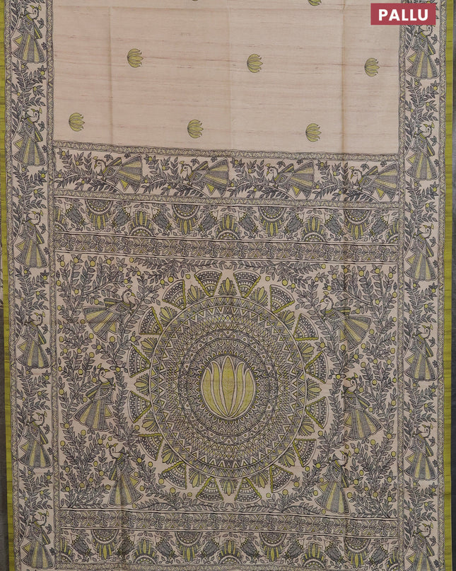 Semi tussar saree cream and lime green with butta prints and madhubani printed pallu