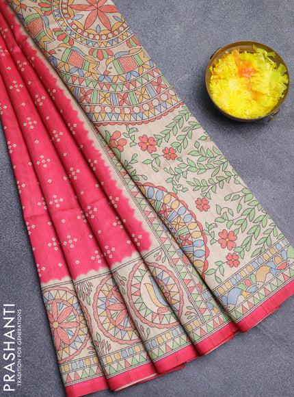 Semi tussar saree pink and cream with allover bandhani buttas and madhubani printed pallu