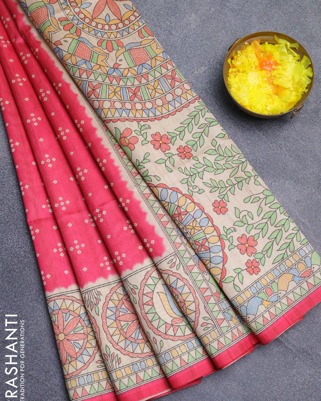 Semi tussar saree pink and cream with allover bandhani buttas and madhubani printed pallu
